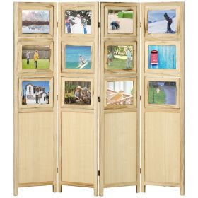 Room Divider with Photo Frames 4 Panel Wood Folding Privacy Screen Natural Indoor Partition
