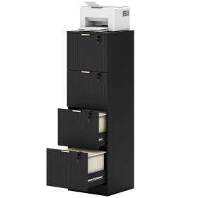 Lockable Filing Cabinet with 4 Fluted Drawers, File Cabinet with Adjustable Hanging Rails for A4 Letter Files, Black
