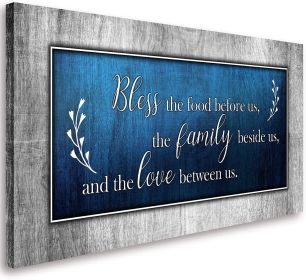 Motivational Quotes Canvas Wall Art Decor Blue and Grey Canvas Prints "Bless This Food Quote" Wall Pictures Framed Artwork for Home Living Room D (Color: Blue, size: 20inchx40inch)
